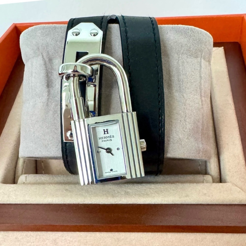 HERMÈS Kelly double tour PM 20 mm Hermès Black Leather Steel watch 3269061 NEW - Picture 4 of 17